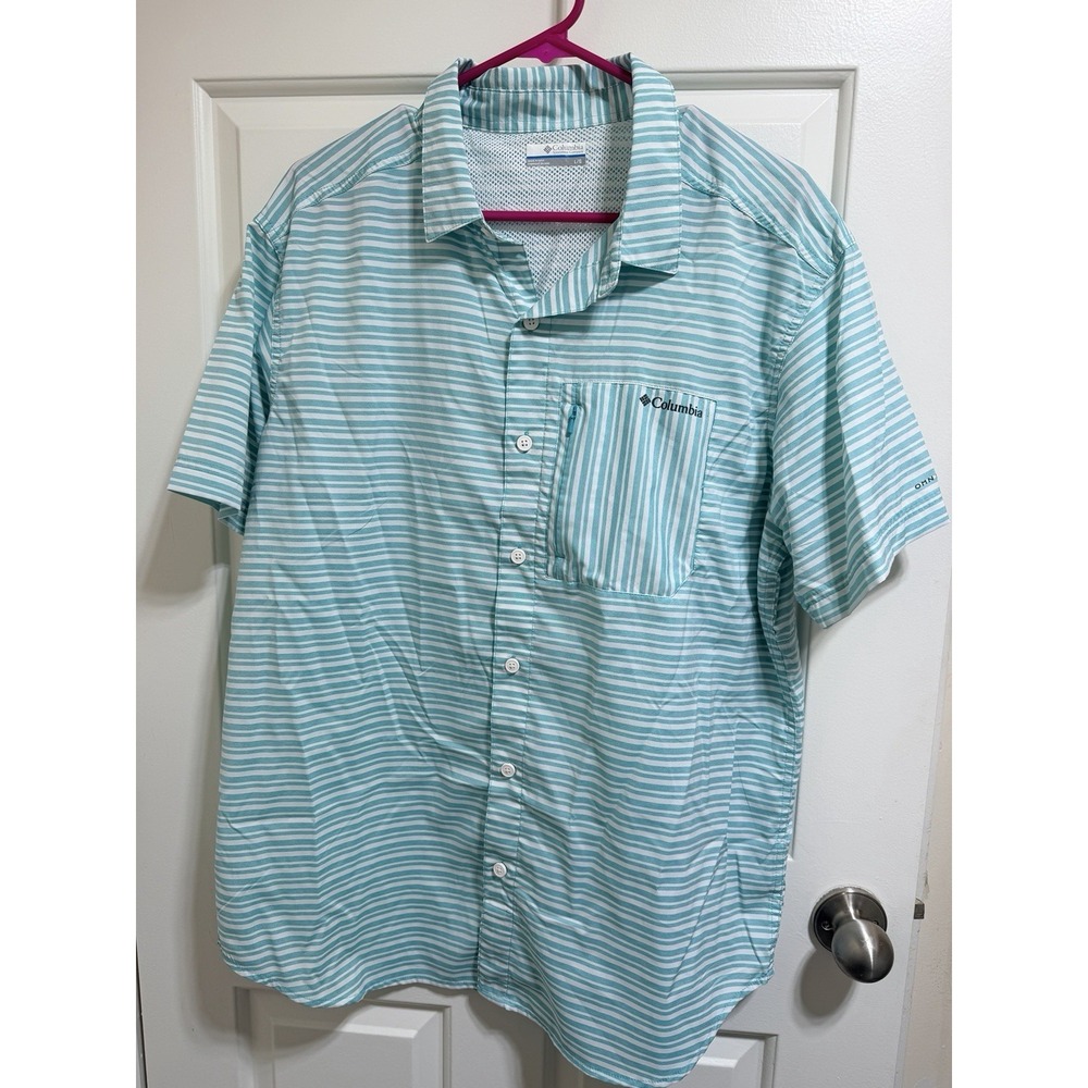 Columbia Twisted Creek II SS Shirt Mens Large Teal Stripes Vented Hiking White